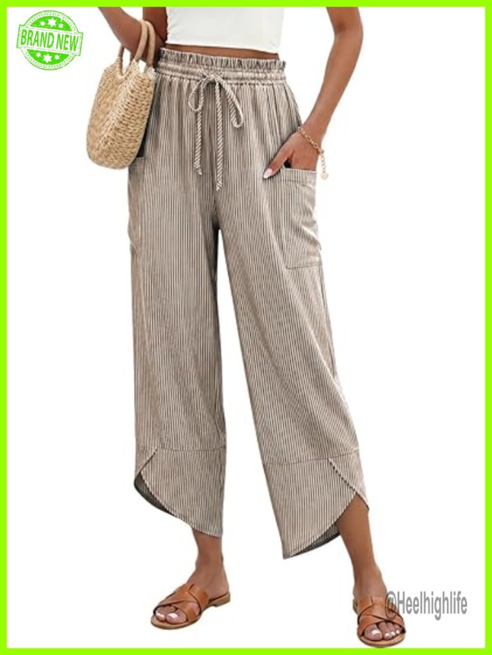 Linen Blend Wide Leg Striped Palazzo Pants with Pockets Drawstring Capri